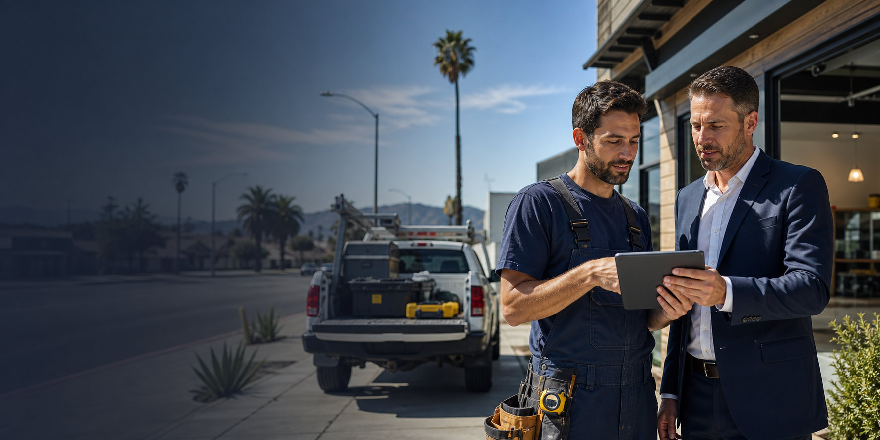 Business owner and insurance advisor reviewing commercial coverage documents